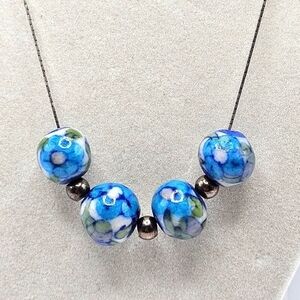 VINTAGE Sterling Silver Blue Floral Glass Station Bead Necklace Chain